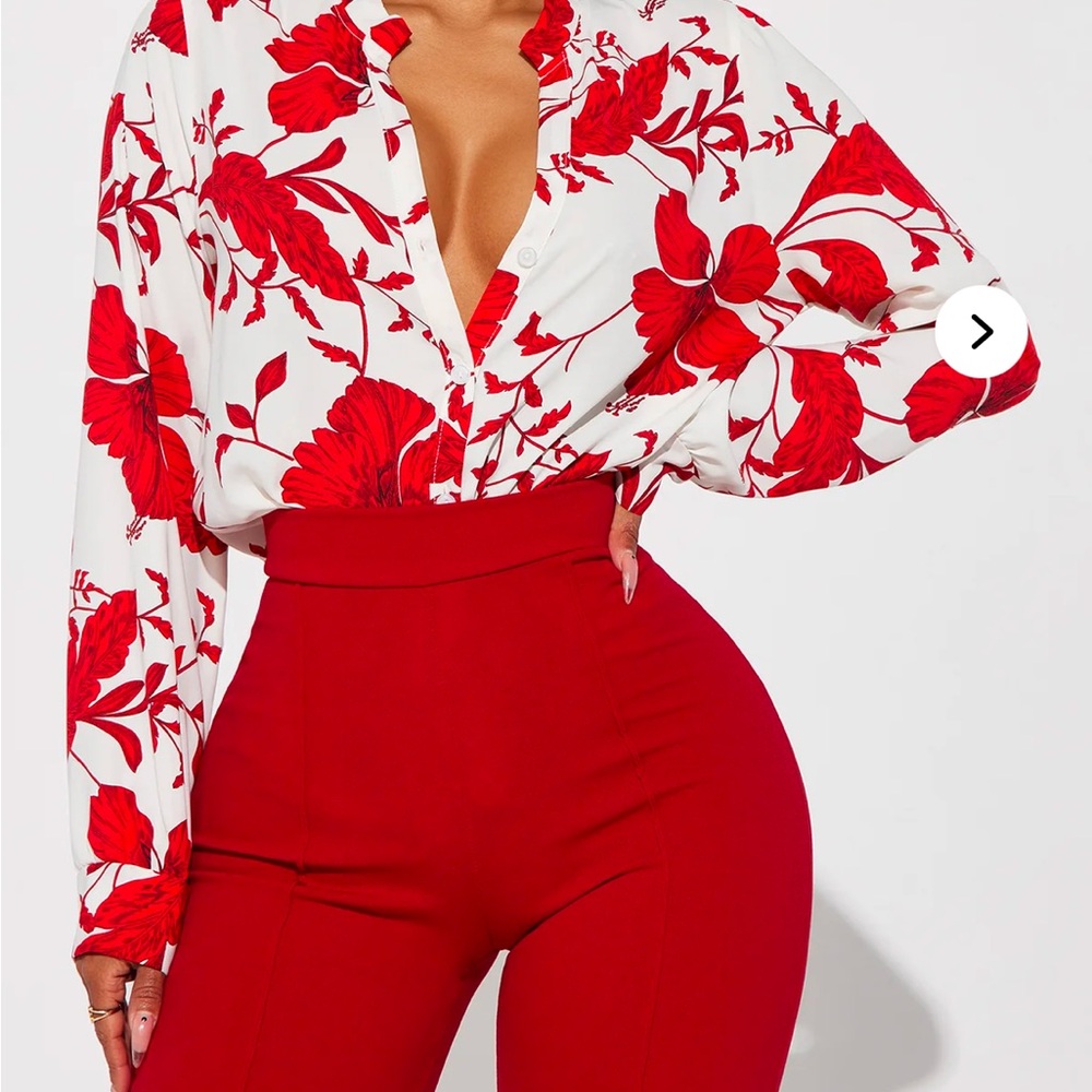 Fashion Nova Red and White Graphic Button Down Shirt